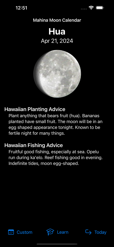 Mahina app screenshot showing Hawaiian planting and fishing advice for the Hua moon phase