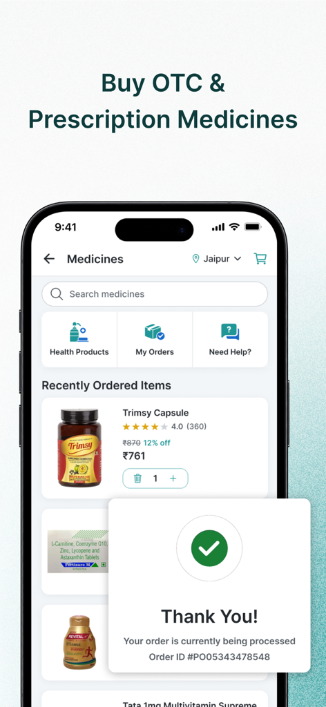 Ecrã de confirmação de encomenda de medicamentos na aplicação The Wellness Corner