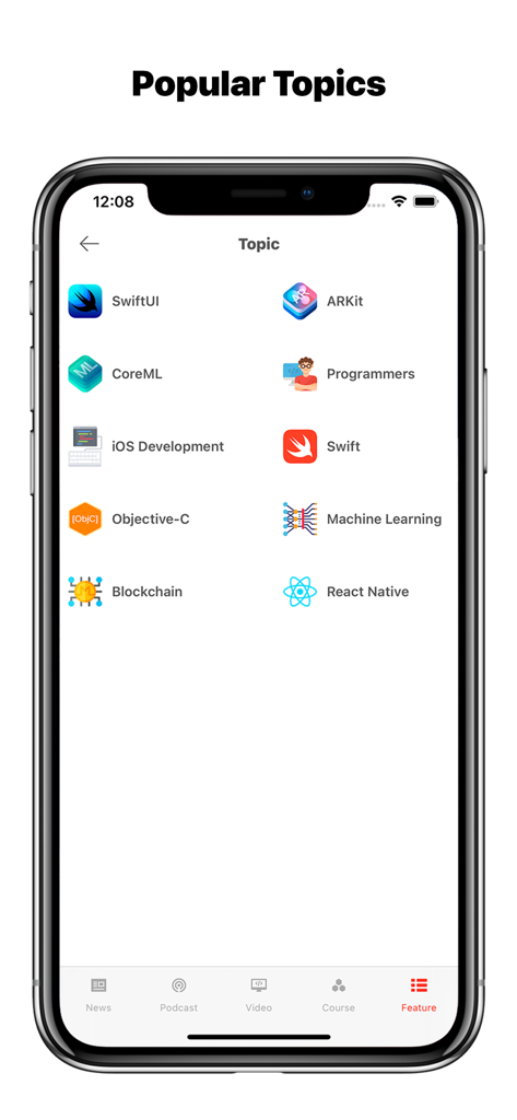 iDev: Developer News - iDev app screen displaying a list of popular developer topics like SwiftUI and Swift.