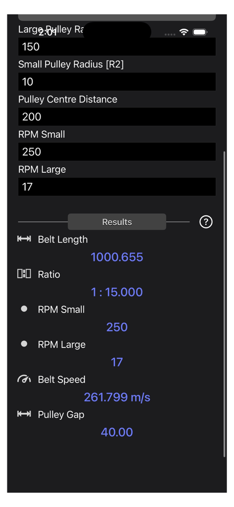 Interface of Pulley Calculator app displaying belt length and RPM calculations