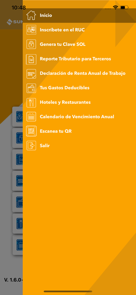 Menu de navegação principal do aplicativo móvel APP Personas SUNAT mostrando vários serviços de gerenciamento de impostos