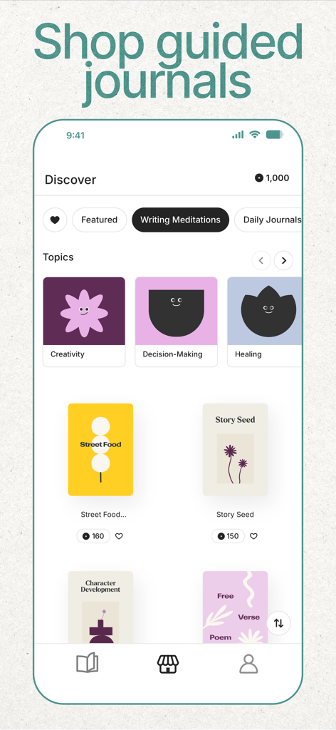 Writeway: Journal & Diary - A discover screen in the Writeway app showcasing various guided journals for creativity, healing, and personal growth.