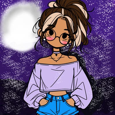 girl with a messy ponytail glasses a baggy crop top and jean shorts