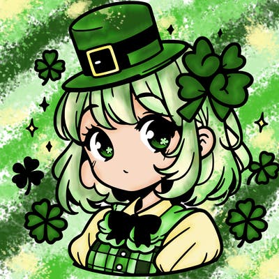 a manga-style girl with clovers around her, a little hat in her hair, like it's saint patrick's day