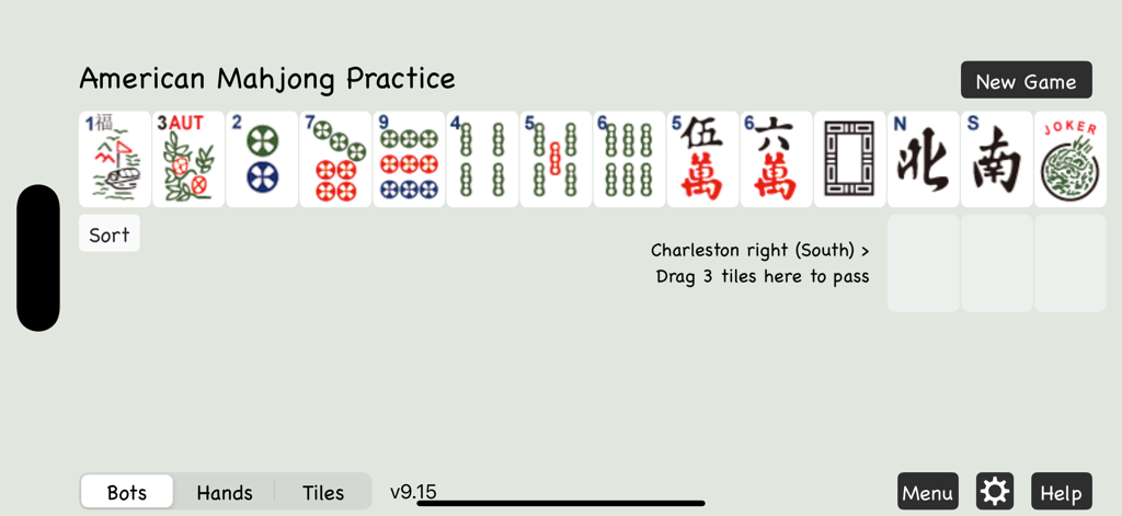 A gameplay screen of American Mahjong Practice showing large tiles and the Charleston phase