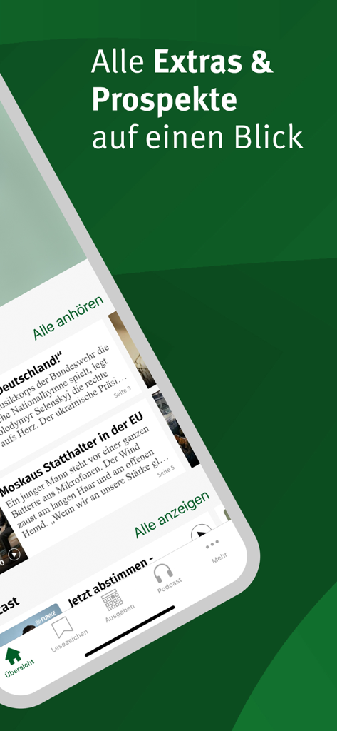 Berliner Morgenpost E-Paper - Captura de tela móvel do aplicativo Berliner Morgenpost E-Paper exibindo manchetes de notícias e ícones de navegação em um fundo verde.