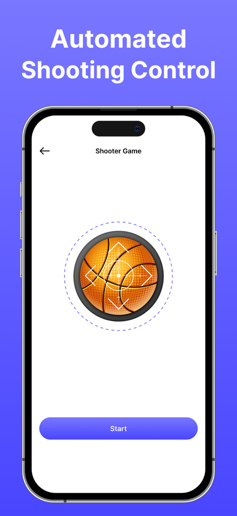 Auto Clicker: Auto Scroll, Tap - Pantalla del iPhone mostrando la función de control de disparo automatizado para un juego de baloncesto móvil