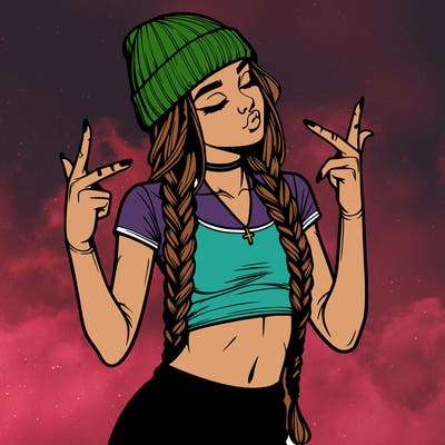 realistic teenage girl with braids and a beanie and crop top doing 🫶🏼