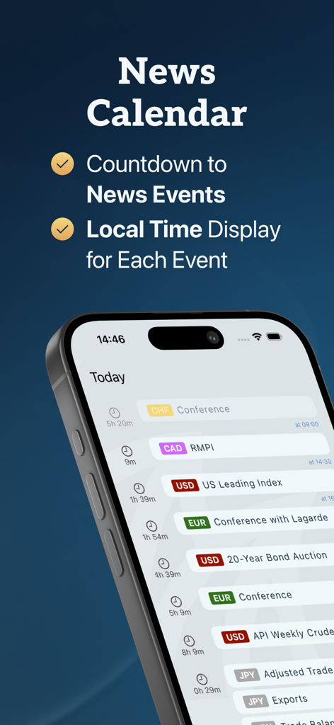 Market Countdown Times & News - Economic news calendar interface with countdown timers for global market events on an iPhone.