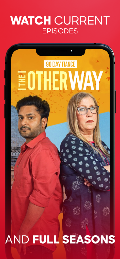 TLC GO - Stream Live TV - TLC GO app screenshot featuring 90 Day Fiance The Other Way with text promising current episodes and full seasons