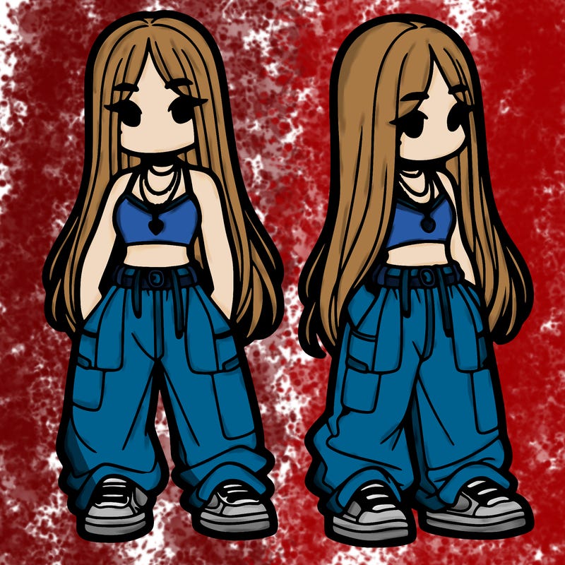 girl in baggy pants crop top and long hair