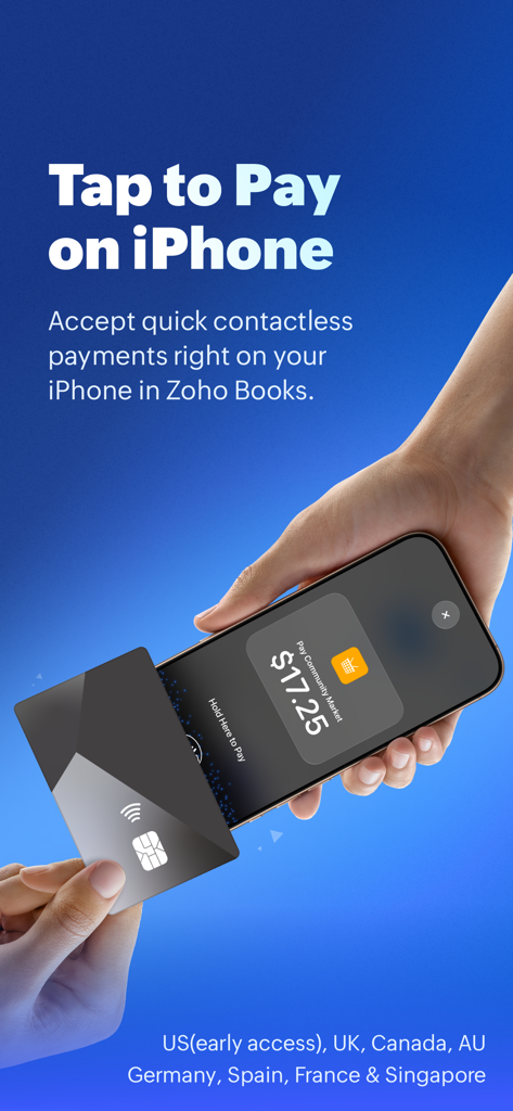 A hand holding a contactless credit card against an iPhone screen displaying a payment in Zoho Books.