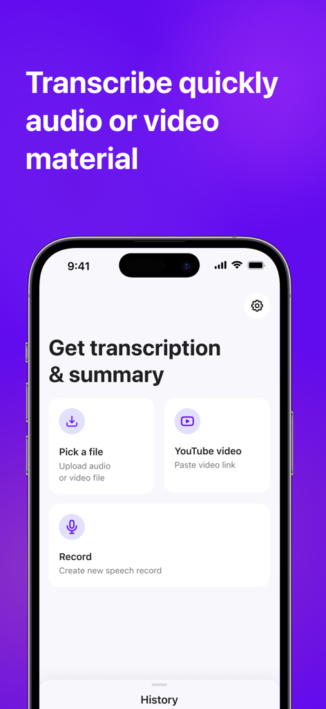 Sum AI: Speech to Text Notes - Sum AI app interface showing options to transcribe and summarize audio video and YouTube content