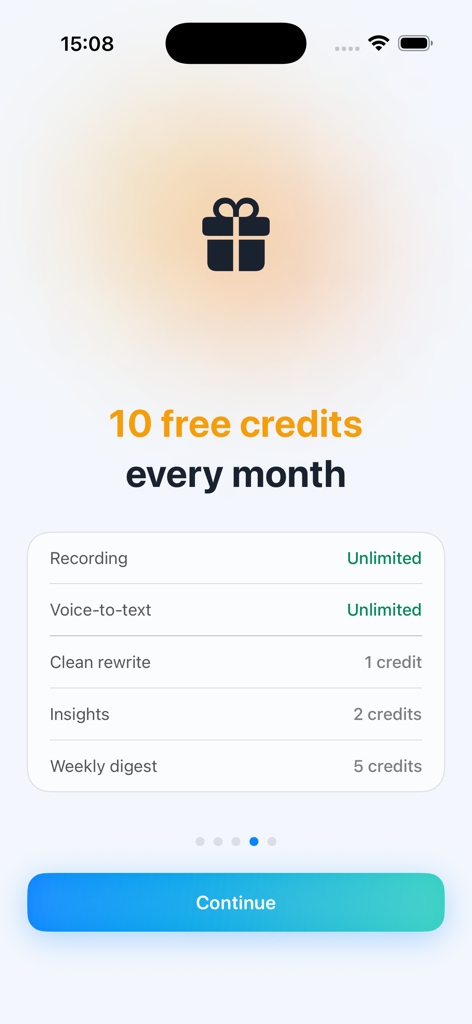 Affirmations - Voicey - Voicey 앱 화면으로, 기능 목록과 스마트 노트 처리에 사용할 수 있는 월 10개의 무료 크레딧을 보여줍니다.