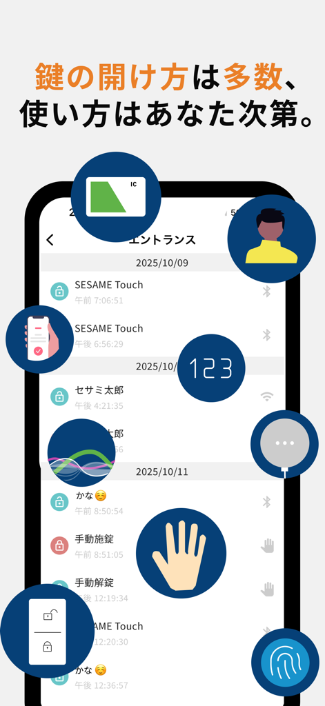 Sesame, Open Sesame - Interface de l'application de serrure intelligente Sésame avec journal d'historique et plusieurs options de déverrouillage.