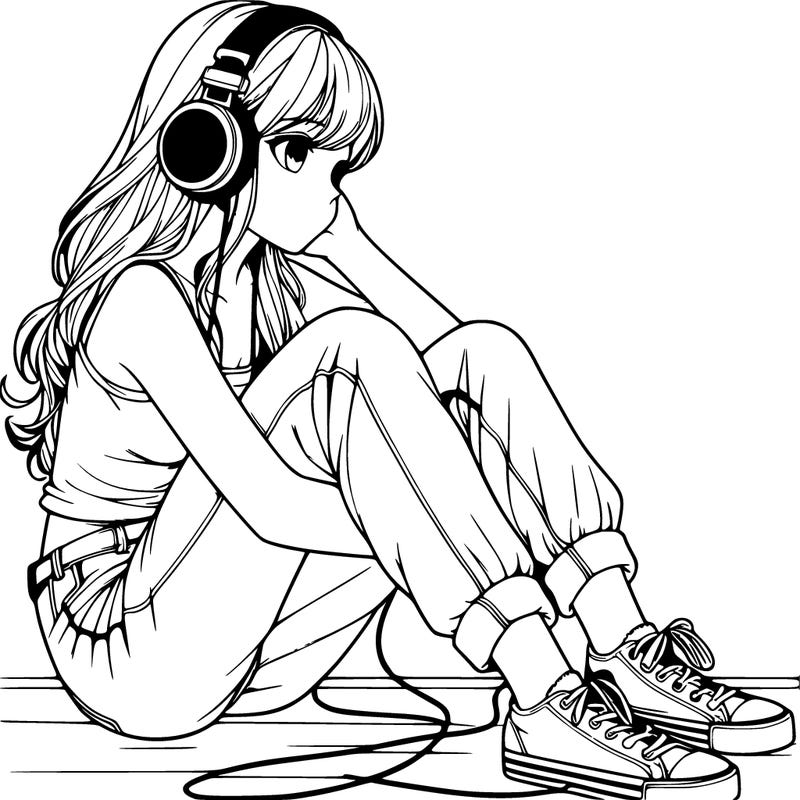 realistic girl sitting on the ground listening to music