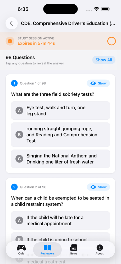 LTO Driver's Exam Reviewer - Tela de quiz prático do aplicativo LTO Driver's Exam Reviewer mostrando questões de múltipla escolha sobre regras e segurança de direção