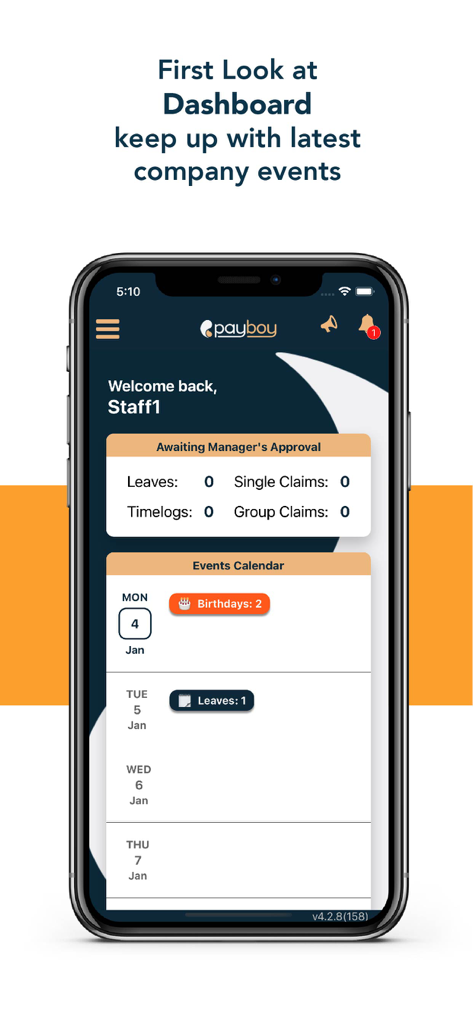 Payboy - Payboy mobile App Dashboard mit ausstehenden Genehmigungen und bevorstehenden Unternehmensveranstaltungskalender