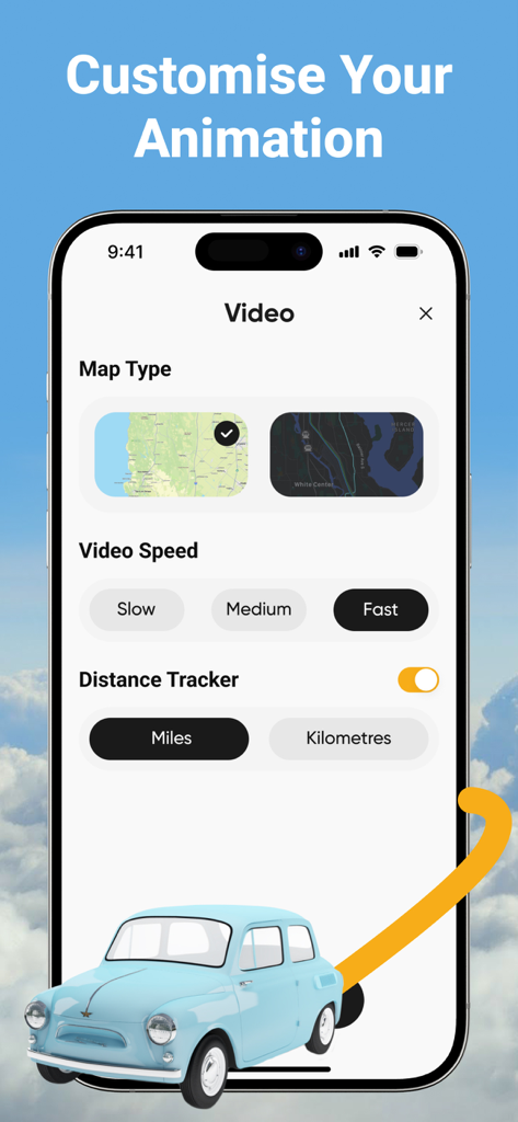 Interface of the Travel Planner app showing options to customize map type, video speed, and distance units for a 3D route animation.