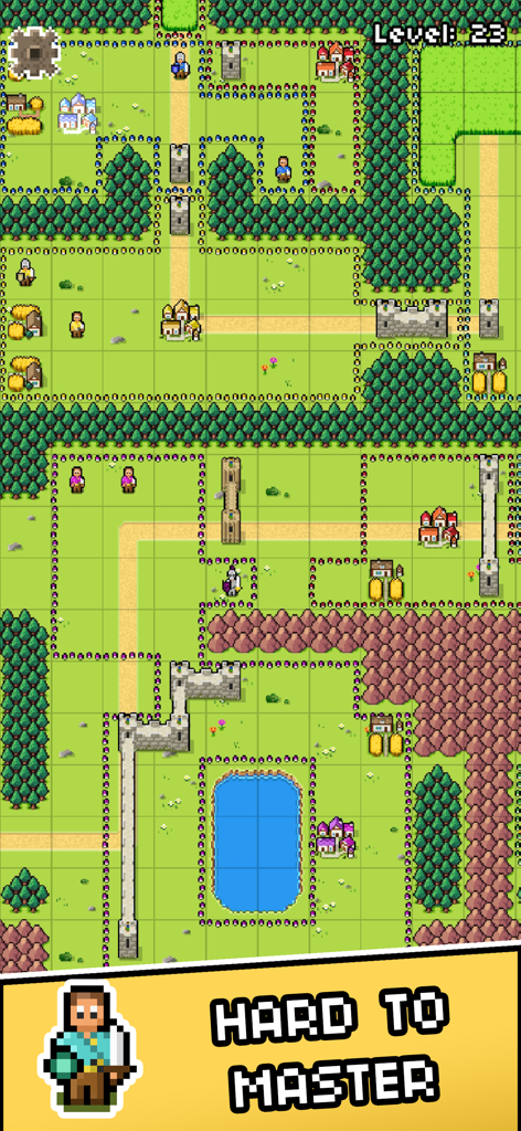 Island Empire: Build & Conquer - Juego de estrategia por turnos en Island Empire que muestra gráficos de arte de píxeles con murallas fortificadas y gestión de recursos