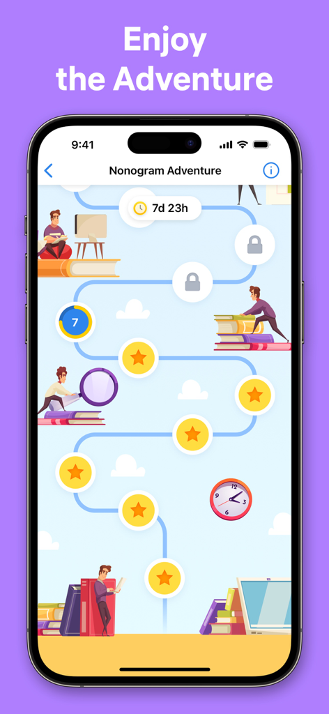Mapa de progreso de Nonogram Adventure con un camino sinuoso de niveles e iconos de estrellas