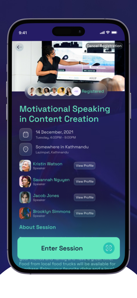 Creator's Mela - App interface showing details for a motivational speaking session with a list of speakers