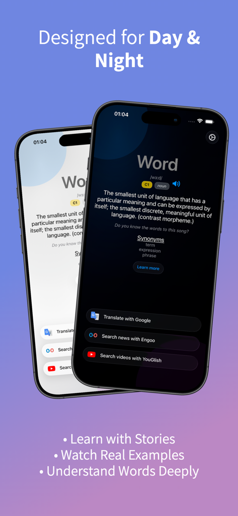 Screenshot of Word of the Day app showing vocabulary definitions in both light and dark modes on two mobile devices.