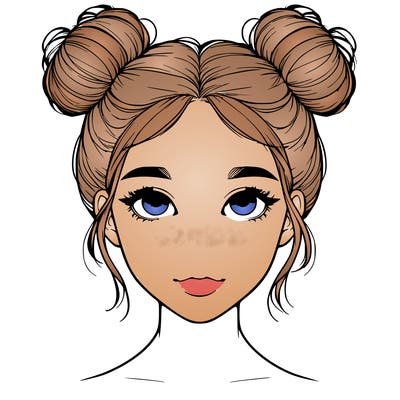 realistic girl with two buns on top of her head
