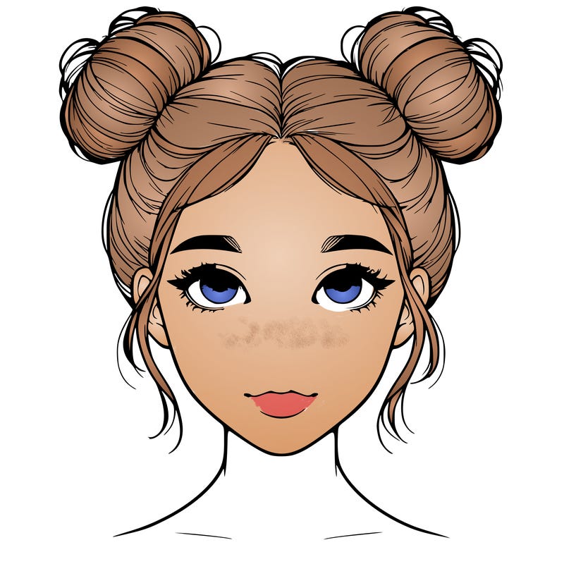 realistic girl with two buns on top of her head