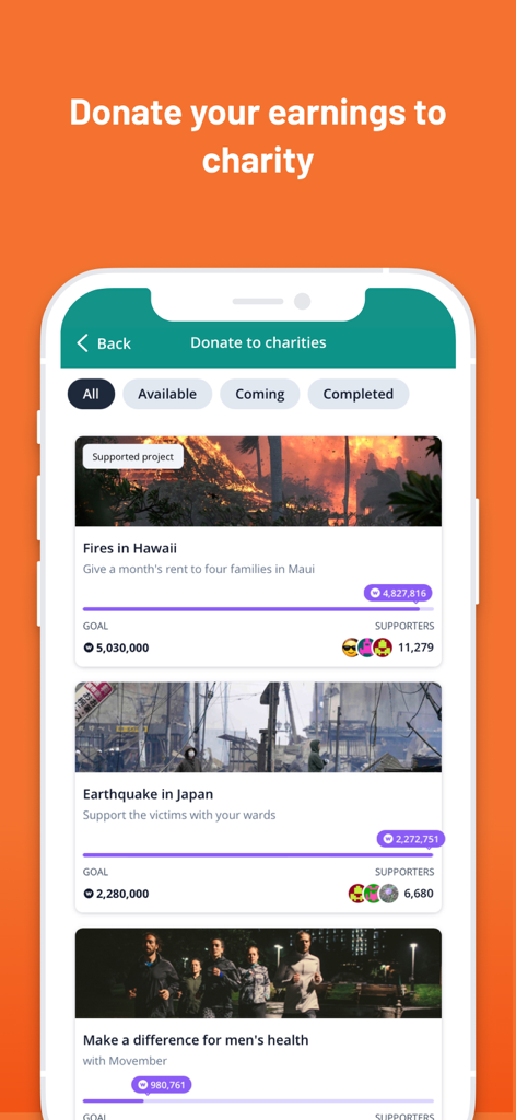 WeWard - Walking Rewards App - Pantalla de la aplicación WeWard que muestra proyectos benéficos para donar las recompensas ganadas al caminar