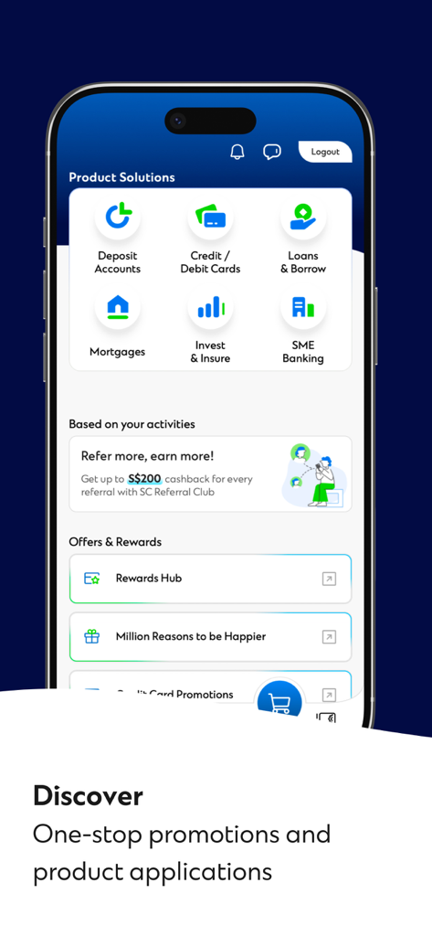 SC Mobile Singapore app screen showing banking product solutions and rewards