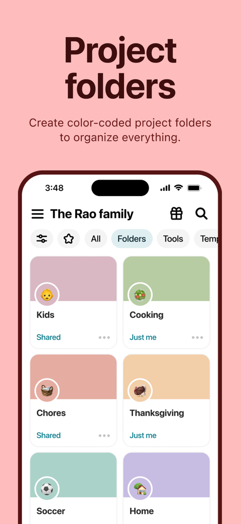 A screenshot of the Maple Family Organizer app showing various color coded project folders like Kids Cooking and Chores.