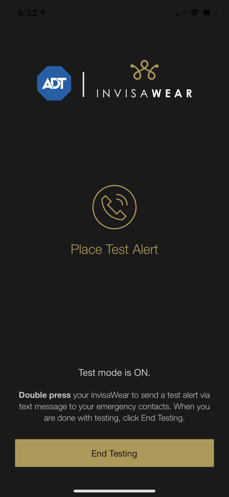 invisaWear - Ein Screenshot des Testmodus-Bildschirms der invisaWear-App, der ein Symbol zum Auslösen eines Testalarms und eine Schaltfläche zum Beenden des Tests anzeigt.