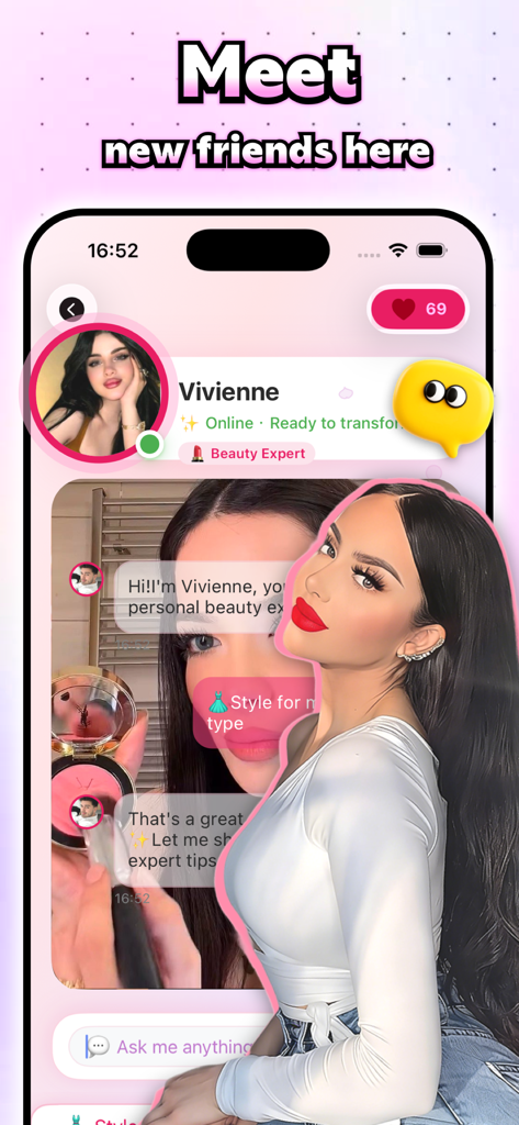 Drevo - Beauty - Drevo app screenshot showing a chat interface with an AI beauty expert named Vivienne