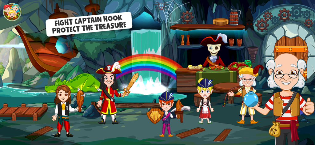 Personnages dans une grotte au trésor, dont le Capitaine Crochet et des pirates, avec une cascade et un fond arc-en-ciel.