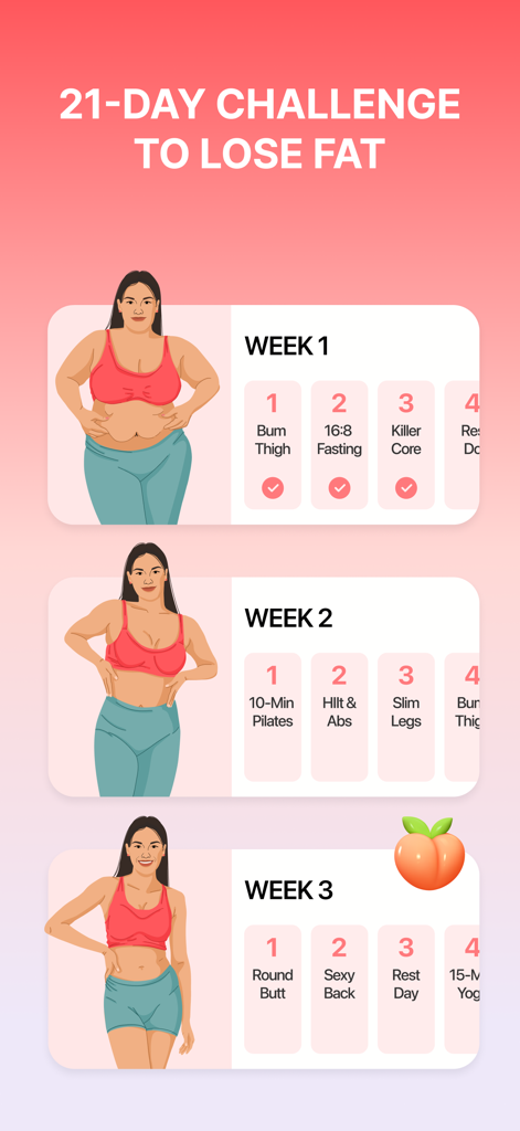 Organic Fit: Workout for Women - Graphic showing a 21-day fat loss challenge for women with weekly workout schedules and body transformation illustrations.