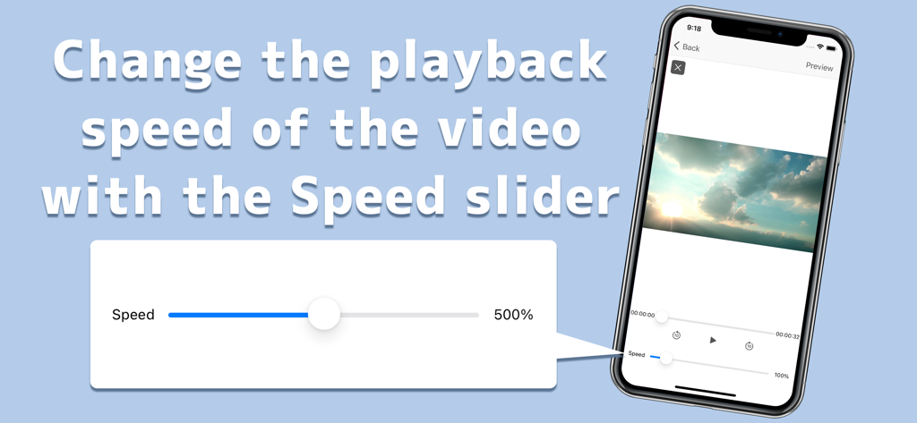 Video Speed - Change & Edit - 動画スピードアプリの再生速度スライダーが500パーセントに設定されているスクリーンショット