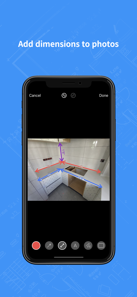 Adding measurement dimensions to a kitchen photo using the RenoPlan app interface