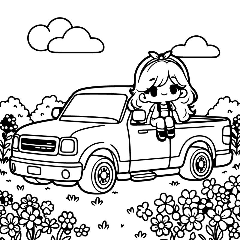 pick up truck in flower field with a cute girl in it bed of the truck