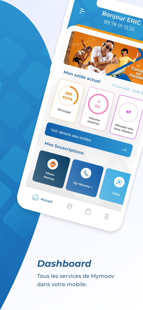 MyMoov mobile app dashboard showing account balance internet volume and voice minutes