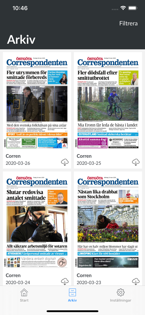 E-tidning Corren - Digital archive screen of the Etidning Corren app showing previous editions of the Ostgota Correspondenten newspaper.