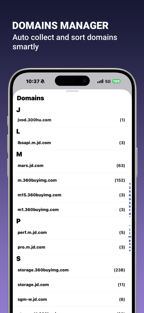 Screenshot of the Domains Manager feature in the Network Sniffer app showing an alphabetical list of captured network domains and their connection counts.