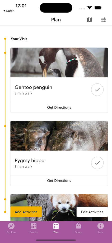 Edinburgh Zoo - Oberfläche der Edinburgh Zoo App, die einen Besuchsplan mit Wegbeschreibungen zu den Gehegen der Pinguine und Zwergflusspferde zeigt