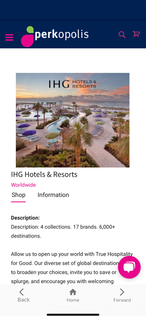 Perkopolis Mobile - Interface de l'application Perkopolis Mobile montrant une offre de voyage exclusive pour IHG Hotels and Resorts