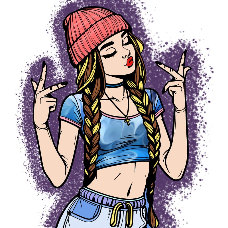realistic teenage girl with braids and a beanie and crop top doing 🫶🏼