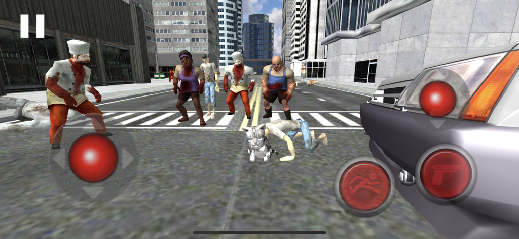 Neko Simulator NekoZ - A gameplay screenshot of Neko Simulator NekoZ showing a cat in a city street facing several zombie characters.