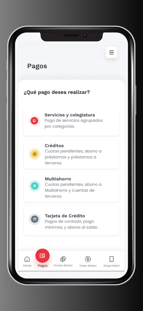 Das Zahlungsmenü der Mutual Movil App zum Bezahlen von Dienstleistungen, Krediten und Kreditkarten.