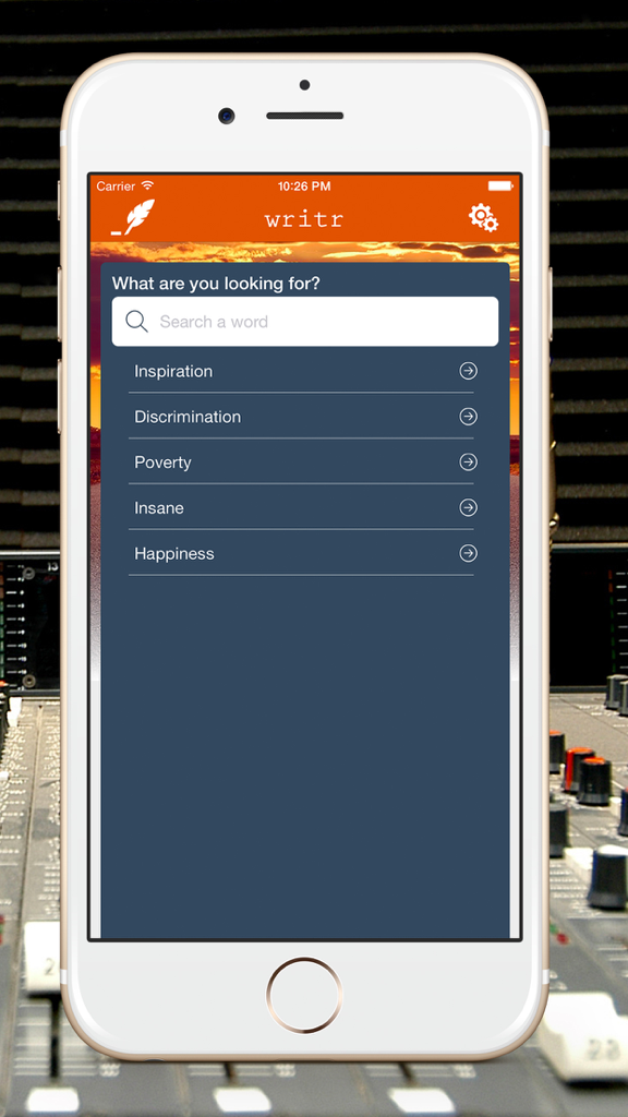 Writr - Writr app search interface for songwriters and poets showing word suggestions