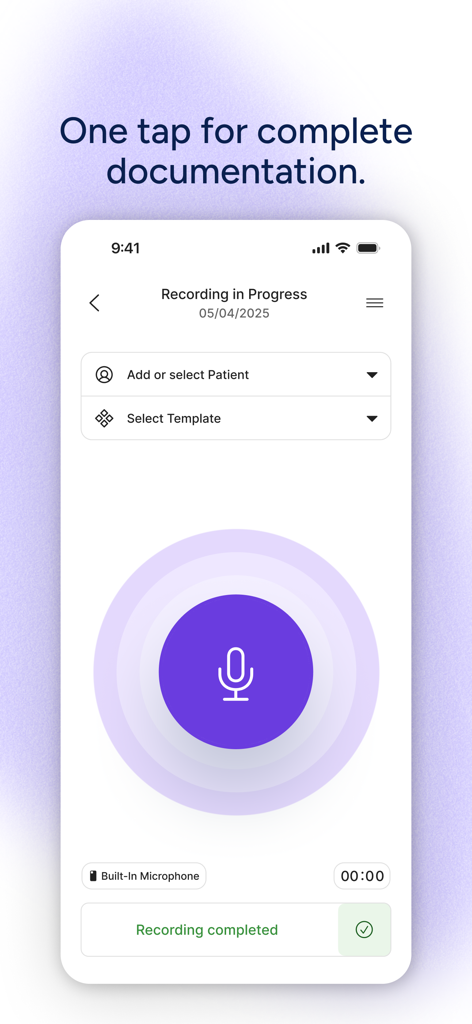 Freed: AI Clinician Assistant - Recording interface of the Freed AI Clinician Assistant app for medical documentation