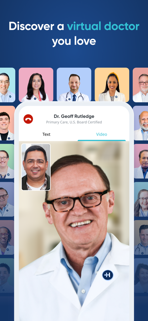 HealthTap app interface showing a video call with a primary care doctor and portraits of other available physicians